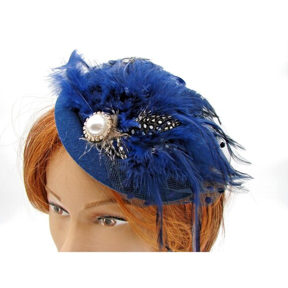 Vintage Womens Pillbox Hat Fascinators White Pearl Feathers Mesh Veil Party Clip - Picture 2 of 13